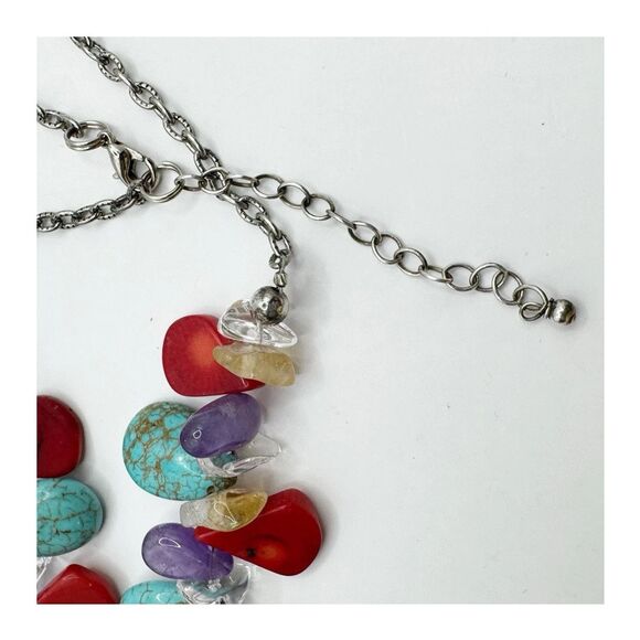 Turquoise Coral Amethyst Stone Collar Necklace Sterling Silver Southwest Boho - Picture 2 of 13